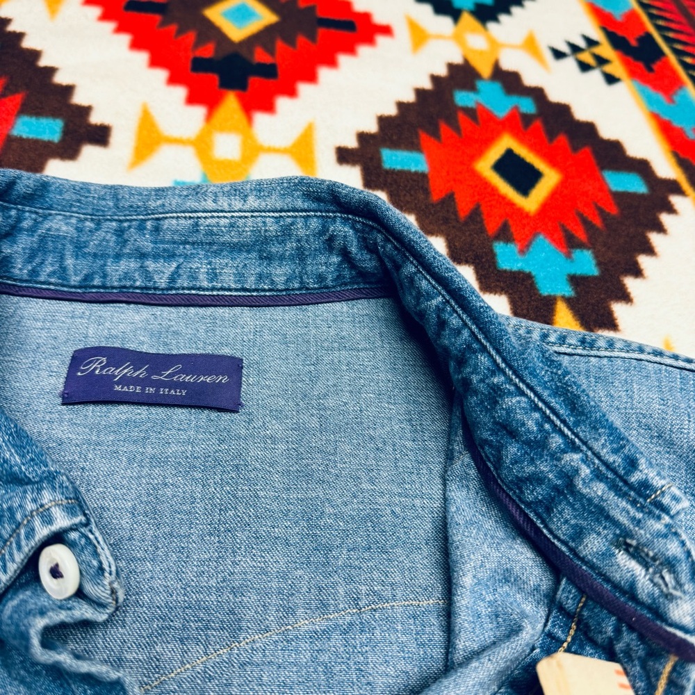 Ralph Lauren Purple Label Denim Western Shirt Large Blue Faded Wash Pearl Snap - Picture 4 of 11